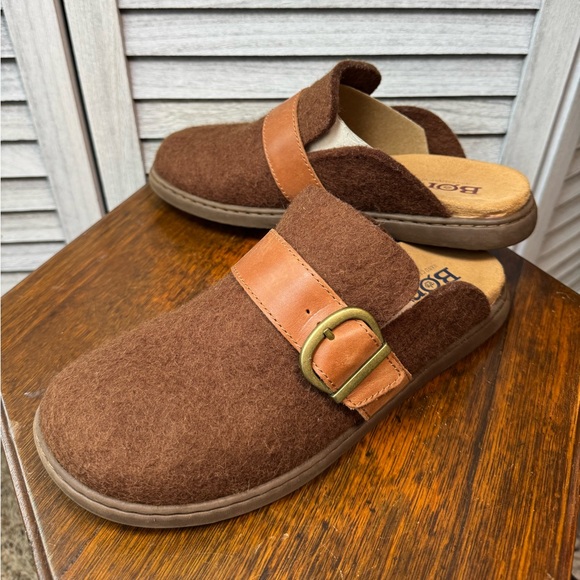 Born Lia - Brown Soft Wool Slippers with Tan Leather Strap - Picture 3 of 7